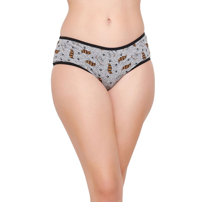 

Clovia Mid Waist Cat Print Hipster Panty in Grey Melange - Cotton - PN3411C01, Light grey