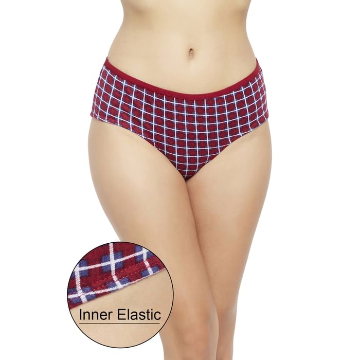 

Clovia Mid Waist Checked Hipster Panty in Maroon with Inner Elastic - Cotton - PN3464P09