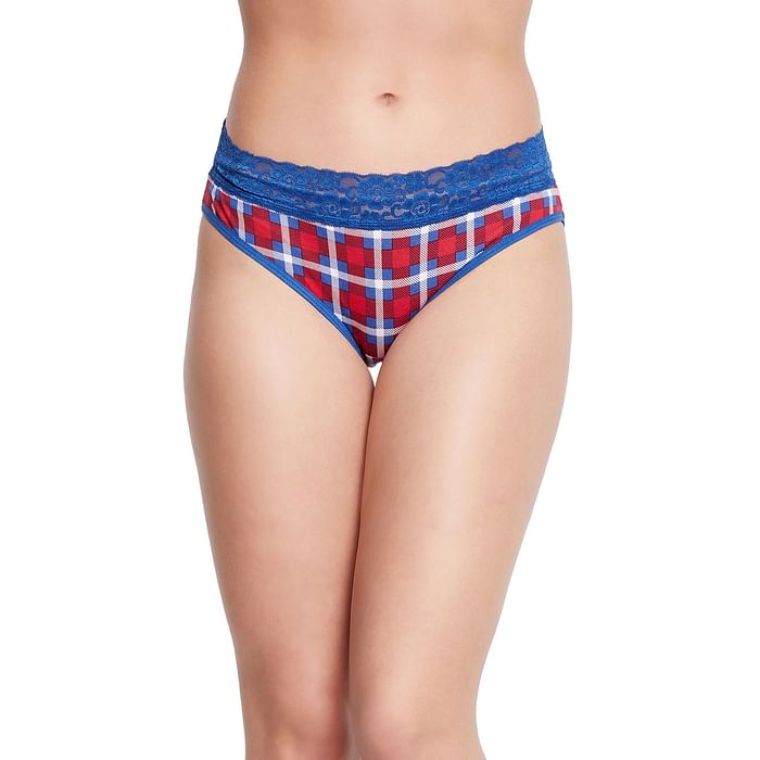 Clovia - Clovia Mid Waist Checkered Hipster Panty in Royal Blue with Lace Waist – Cotton	 – PN3260H08