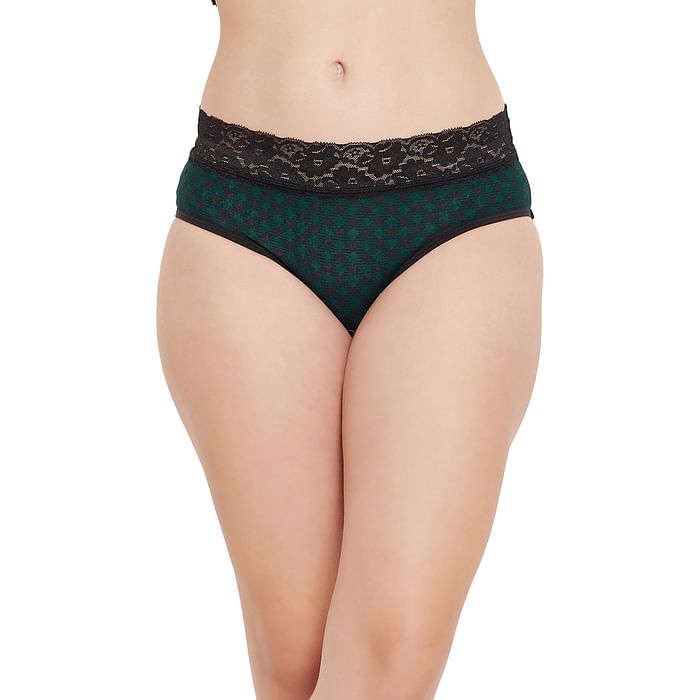 

Clovia Mid Waist Checkered Print Hipster Panty in Emerald Green with Lace Waist - Cotton - PN3278A17, Dark green