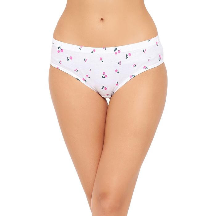 

Clovia Mid Waist Cherry Print Hipster Panty in White with Inner Elastic - 100% Cotton - PN3227O18