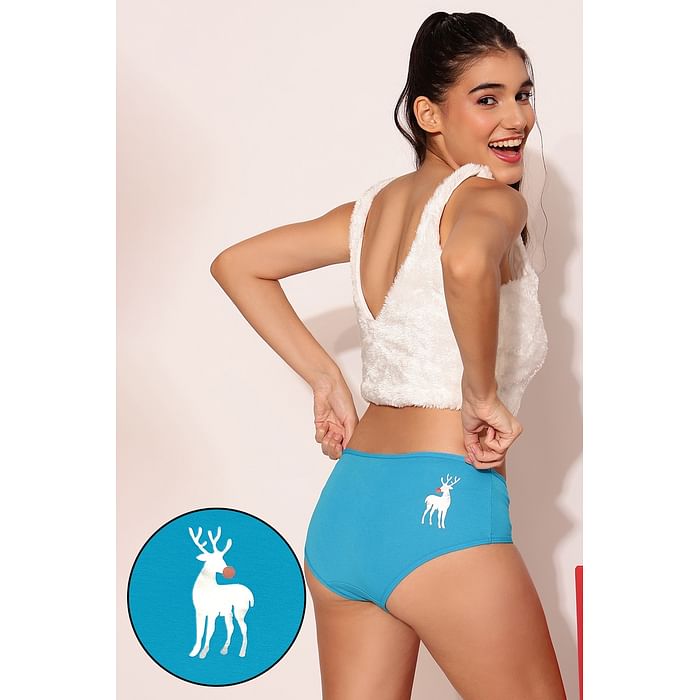

Clovia Mid Waist Christmas Print Hipster Panty in Turquoise Blue - Cotton - PN3255B03, Light blue