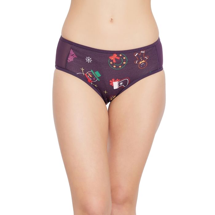

Clovia Mid Waist Christmas Print Hipster Panty in Purple - PN1668P19, Multicolour