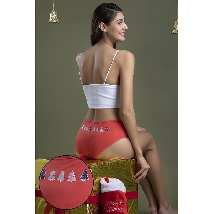 

Clovia Mid Waist Christmas Tree Print Hipster Panty in Peach Colour - Cotton - PN3255A16, Orange