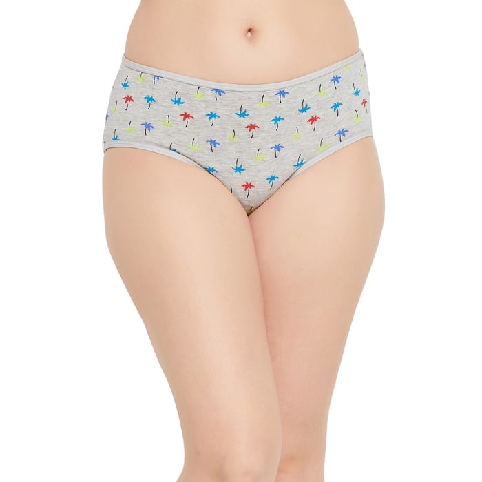 

Clovia Mid Waist Coconut Tree Print Teenage Hipster Panty in Grey Melange - Cotton - PB0023A01, Light grey
