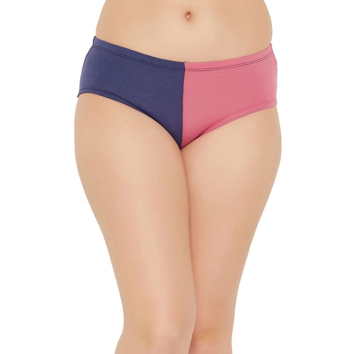 Clovia Mid Waist Colourblocked Hipster Panty in Coral Pink with Inner Elastic - Cotton - PN3513P22, Light pink