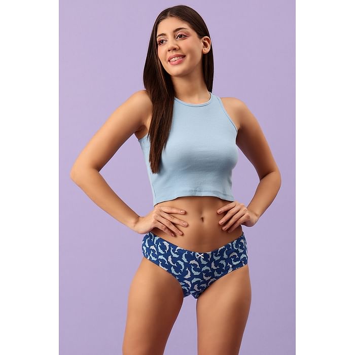 

Clovia Mid Waist Dolphin Print Hipster Panty in Royal Blue with Inner Elastic - Cotton - PN3514C08, Navy
