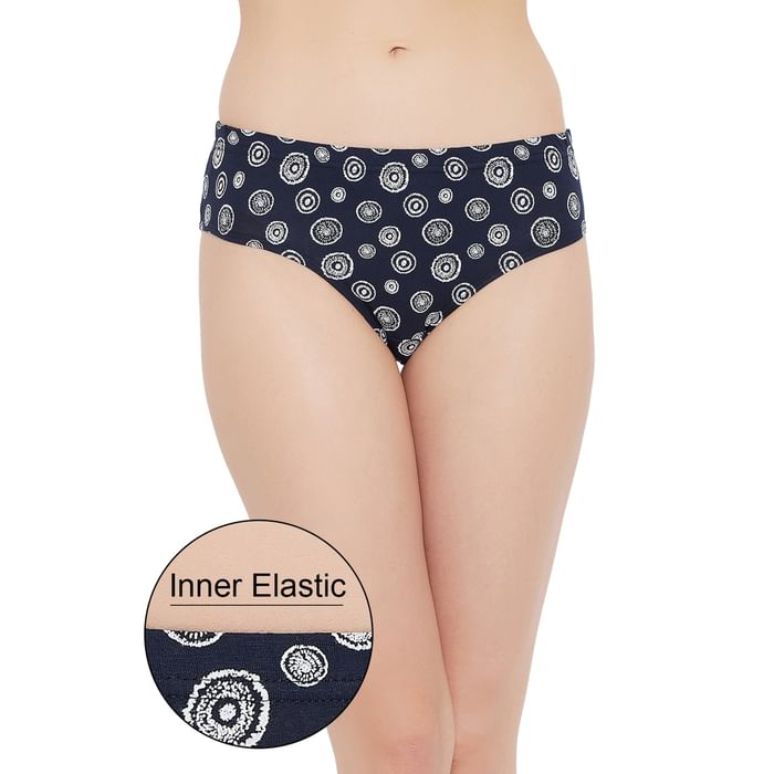 

Clovia Mid Waist Printed Hipster Panty in Navy with Inner Elastic - Cotton - PN2855G08