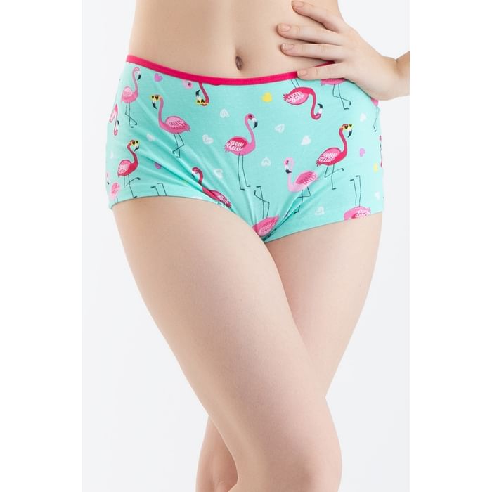 

Clovia Mid Waist Flamingo Print Boyshorts in Aquamarine - Cotton - PN3501A11, Light green
