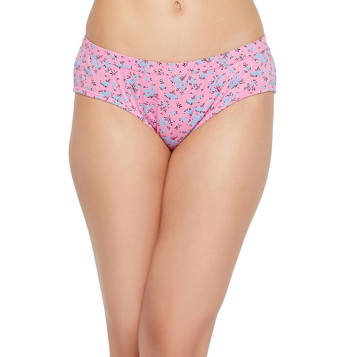 

Clovia Mid Waist Floral Print Hipster Panty in Baby Pink with Inner Elastic - 100% Cotton - PN3227H22, Light pink