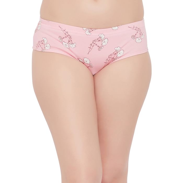 

Clovia Mid Waist Floral Print Hipster Panty in Baby Pink with Inner Elastic - 100% Cotton - PN3277B22, Light pink