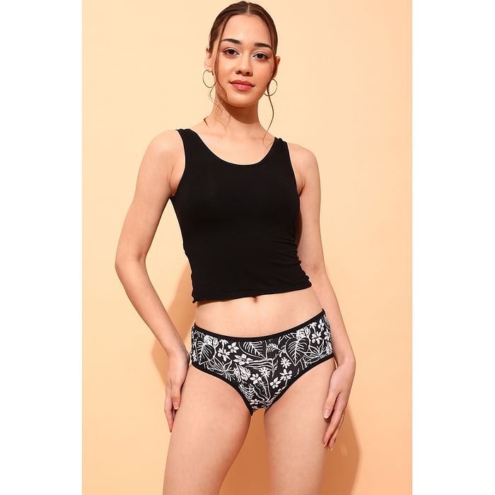 

Clovia Mid Waist Floral Print Hipster Panty in Black - Cotton - PN3411Z13