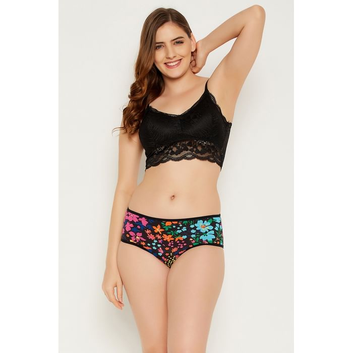

Clovia Mid Waist Floral Print Hipster Panty in Black - Cotton - PN2854E13