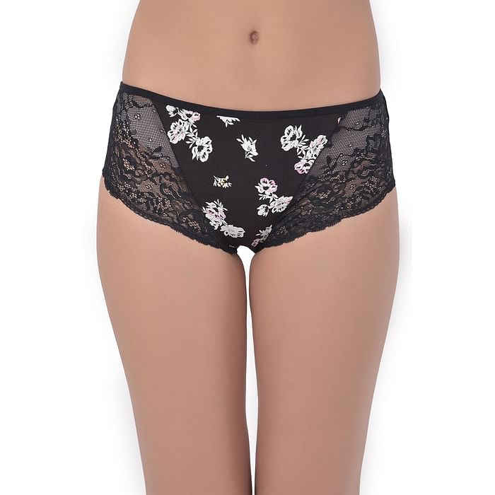 

Clovia Mid Waist Floral Print Hipster Panty with Lace Wings in Black - Cotton - PN2755L13