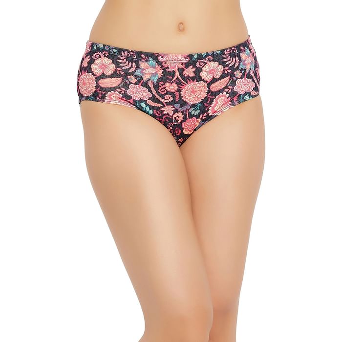 

Clovia Mid Waist Floral Print Hipster Panty in Black with Inner Elastic - Cotton - PN2488A15, Purple