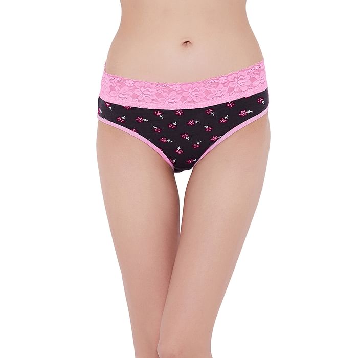 

Clovia Mid Waist Floral Print Hipster Panty in Black with Lace Waist - Cotton - PN3278H13