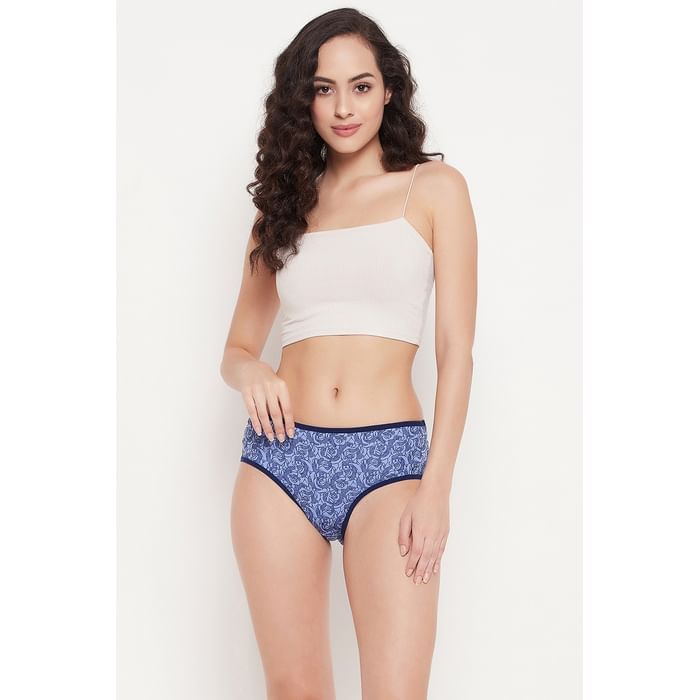 

Clovia Mid Waist Floral Print Hipster Panty in Blue - PN3404B08, Navy