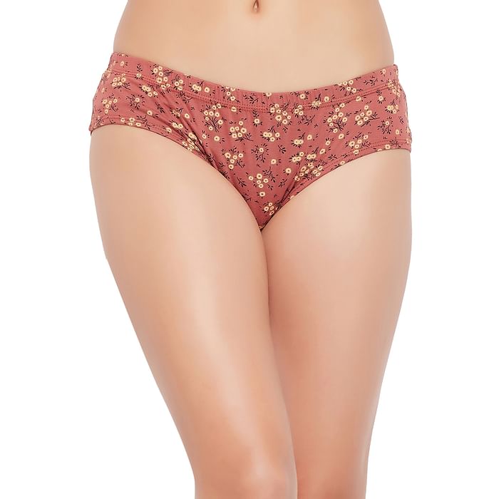 

Clovia Mid Waist Floral Print Hipster Panty in Brown with Inner Elastic - 100% Cotton - PN3227A06