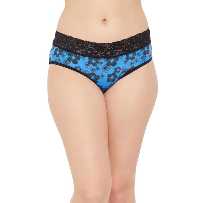 

Clovia Mid Waist Floral Print Hipster Panty in Cobalt Blue with Lace Waist - Cotton - PN3278F08, Navy