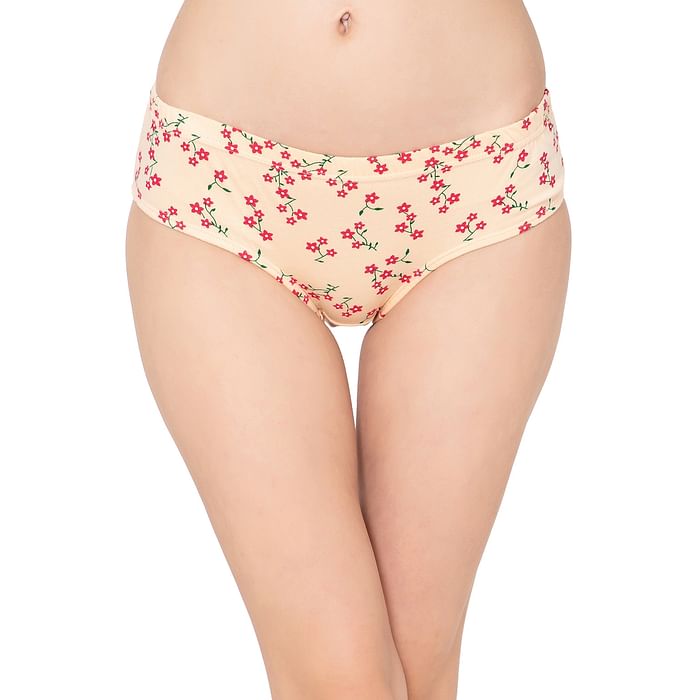 

Clovia Mid Waist Floral Print Hipster Panty in Cream Colour with Inner Elastic - 100% Cotton - PN2855B24, Nude-colour