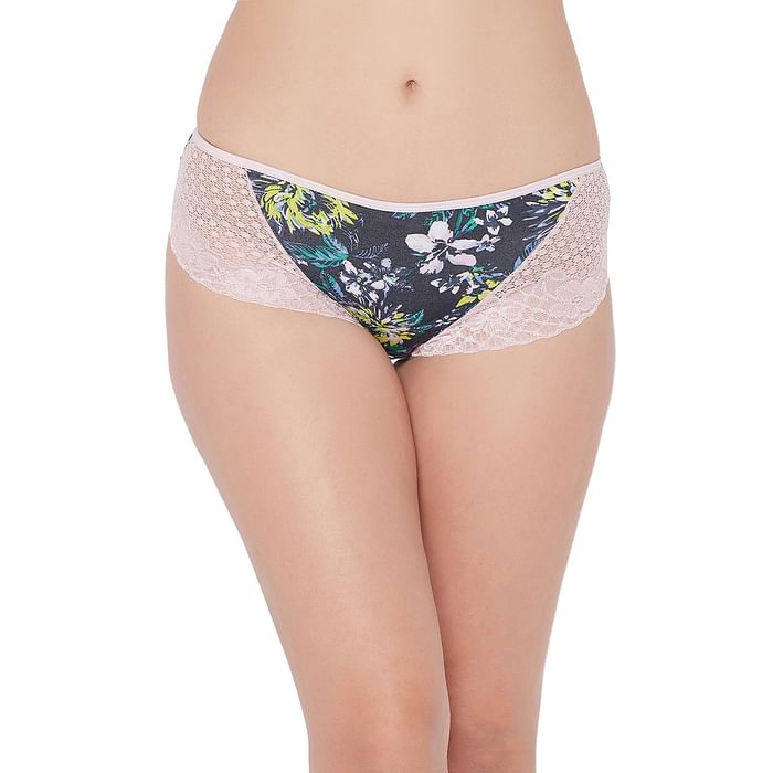 

Clovia Mid Waist Floral Print Hipster Panty in Dark Blue with Lace Wings - Cotton - PN2755A08, Navy