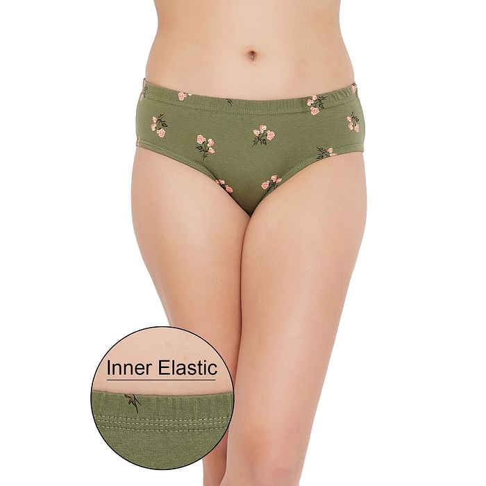 

Clovia Mid Waist Floral Print Hipster Panty in Green with Inner Elastic - Cotton - PN2855V17, Dark green