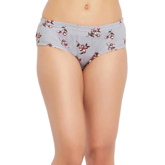 

Clovia Mid Waist Floral Print Hipster Panty in Grey Melange with Inner Elastic - 100% Cotton - PN3227B01, Light grey