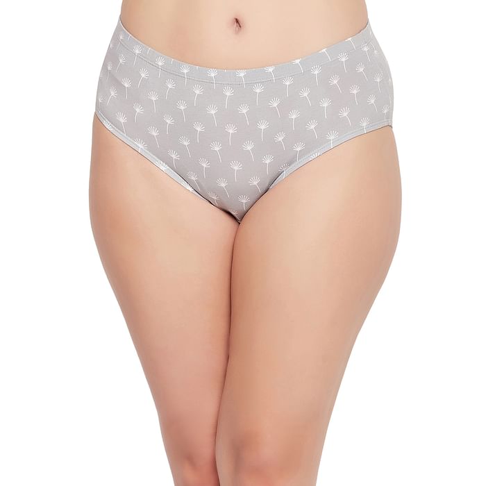 

Clovia Mid Waist Floral Print Hipster Panty in Grey with Inner Elastic - Cotton - PN2378A01, Light grey