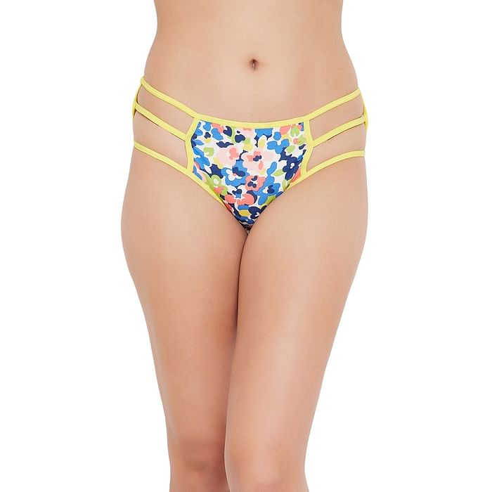 

Clovia Mid Waist Floral Print Hipster Panty in Multicolour with Cage Sides - Cotton - PN3236M19