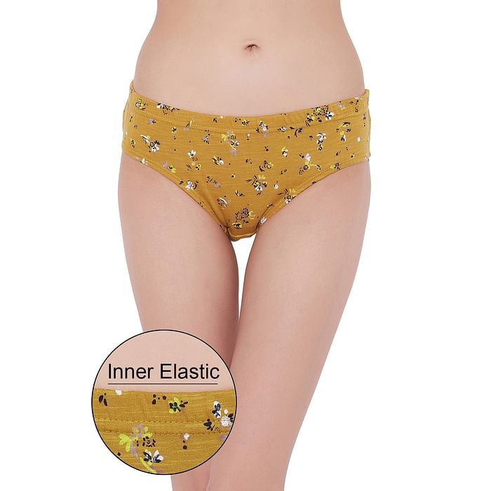

Clovia Mid Waist Floral Print Hipster Panty in Mustard Yellow with Inner Elastic - Cotton - PN2855B02, Light yellow
