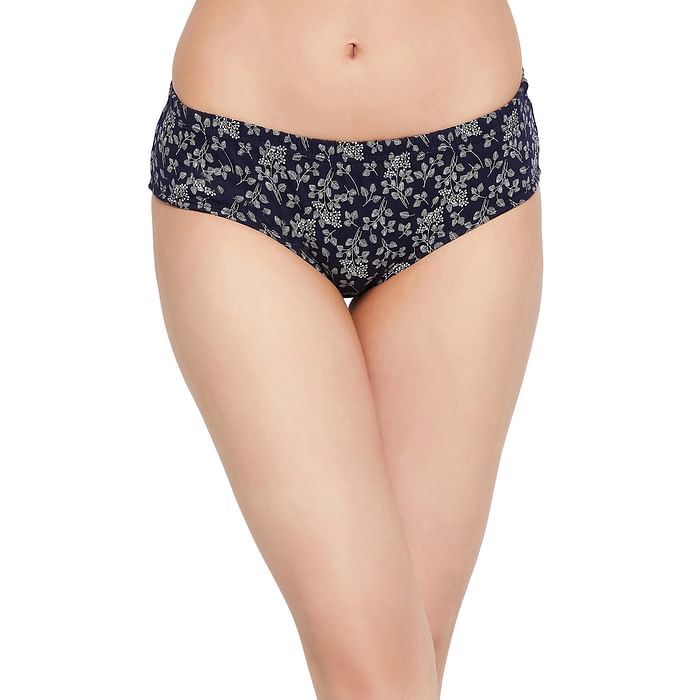 

Clovia Mid Waist Floral Print Hipster Panty in Navy with Inner Elastic - 100% Cotton - PN2378D08