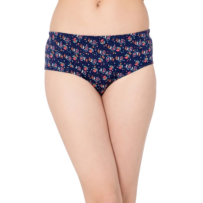 

Clovia Mid Waist Floral Print Hipster Panty in Navy with Inner Elastic - Cotton - PN2488Z08