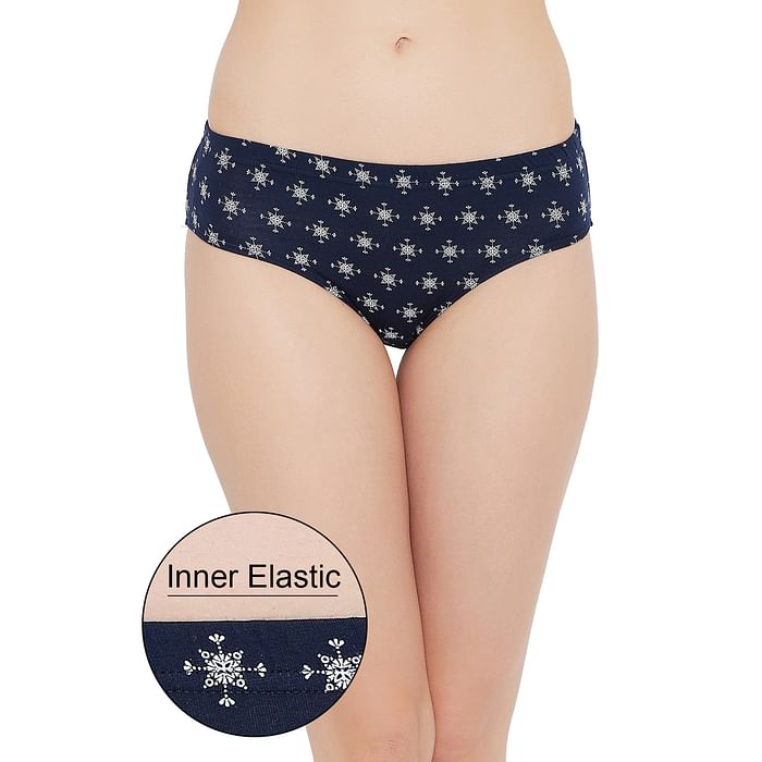 

Clovia Mid Waist Printed Hipster Panty in Navy with Inner Elastic - Cotton - PN2855M08
