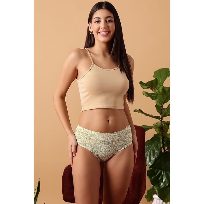 

Clovia Mid Waist Floral Print Hipster Panty in Off White with Inner Elastic - Cotton - PN2488A24, Nude-colour