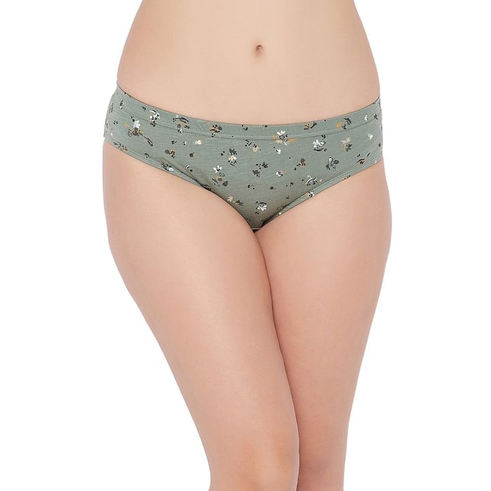 

Clovia Mid Waist Floral Print Hipster Panty in Olive Green with Inner Elastic - 100% Cotton - PN2855J17, Dark green