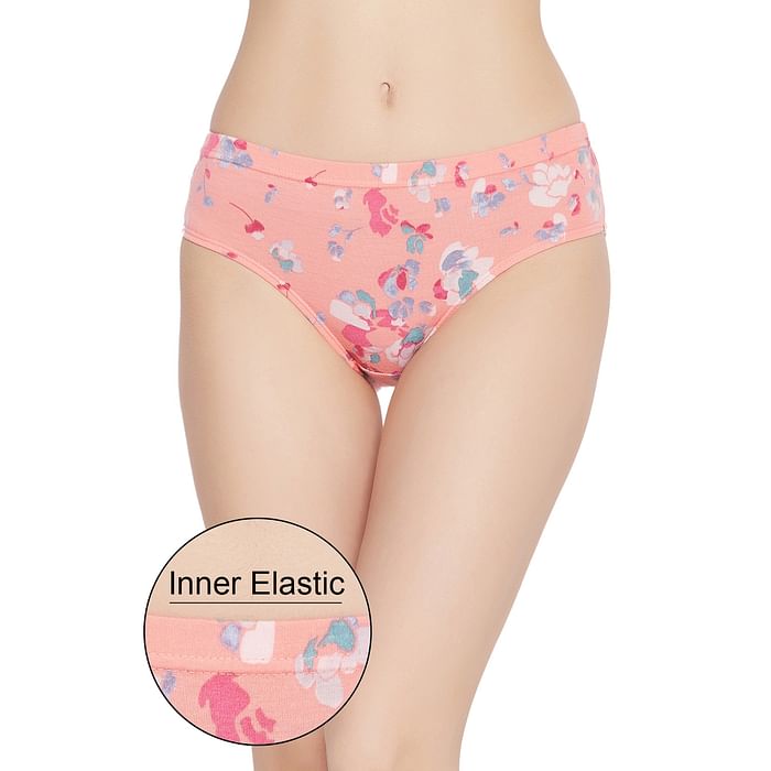 Clovia - Clovia Mid Waist Floral Print Hipster Panty in Peach with Inner Elastic – Cotton	 – PN2855A16