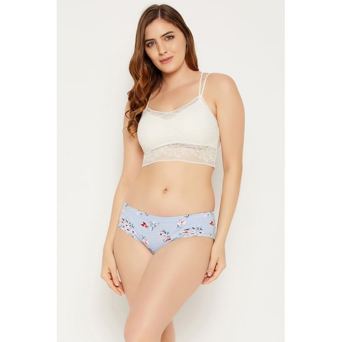 

Clovia Mid Waist Floral Print Hipster Panty in Powder Blue with Inner Elastic - 100% Cotton - PN2855V03, Light blue