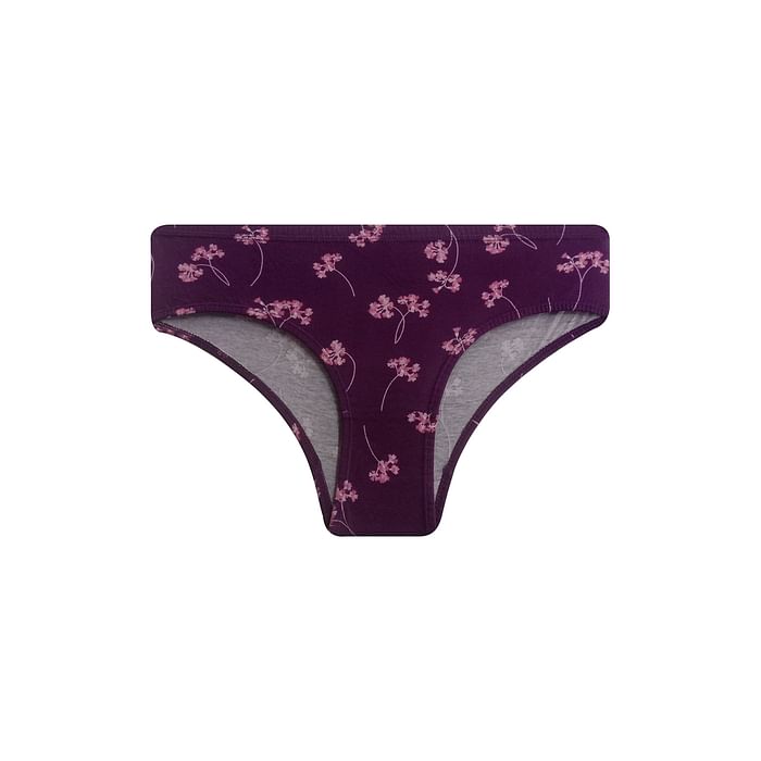 

Clovia Mid Waist Floral Print Hipster Panty in Purple with Inner Elastic - 100% Cotton - PN2855A15