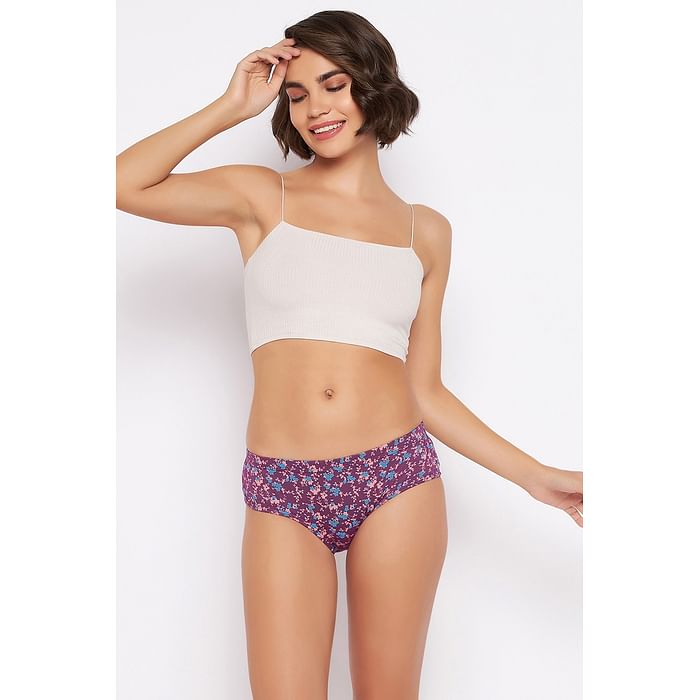 

Clovia Mid Waist Floral Print Hipster Panty in Purple with Inner Elastic - 100% Cotton - PN3227B15