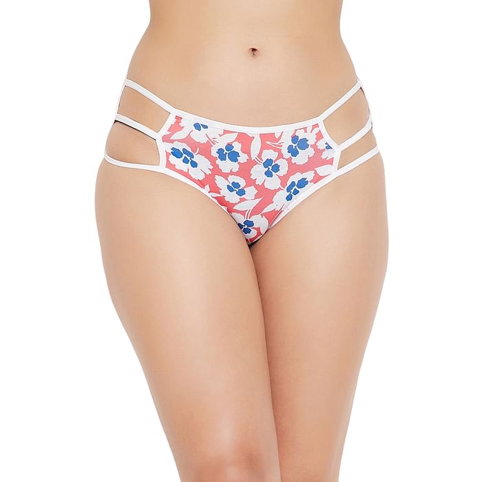 

Clovia Mid Waist Floral Print Hipster Panty in Coral Red with Cage Sides - Cotton - PN3236O04