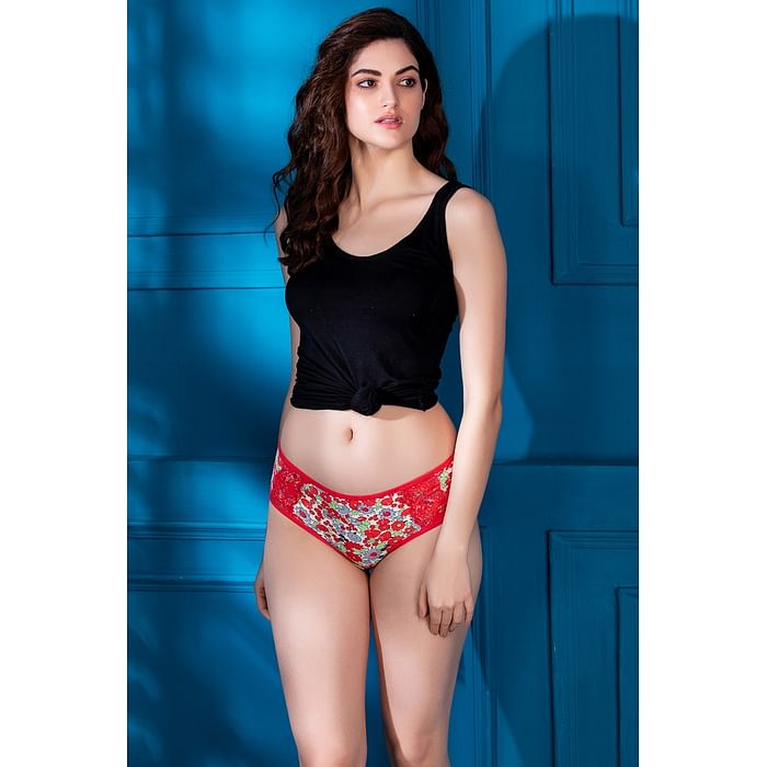 

Clovia Mid Waist Floral Print Hipster Panty in Red with Lace Overlays - PN2861A04