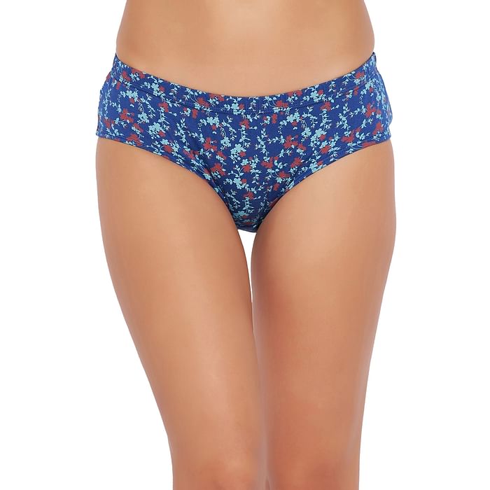 

Clovia Mid Waist Floral Print Hipster Panty in Royal Blue with Inner Elastic - 100% Cotton - PN3227T08, Navy