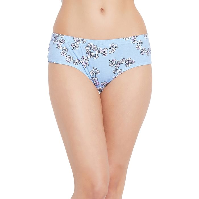 

Clovia Mid Waist Floral Print Hipster Panty in Sky Blue with Inner Elastic - 100% Cotton - PN2855S03, Light blue