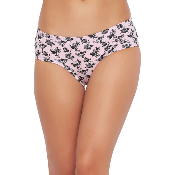 

Clovia Mid Waist Floral Print Hipster Panty in Soft Pink with Inner Elastic - 100% Cotton - PN2855I22, Light pink