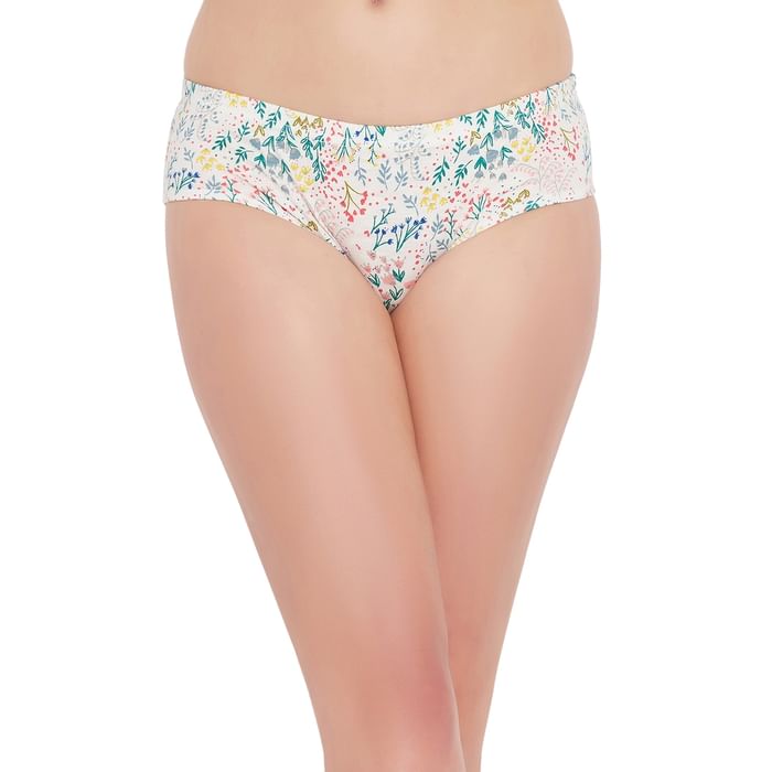 

Clovia Mid Waist Floral Print Hipster Panty in White with Inner Elastic - 100% Cotton - PN2378Y18