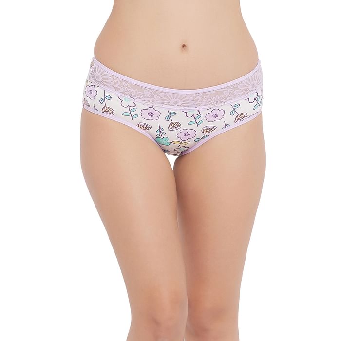 

Clovia Mid Waist Floral Print Hipster Panty in White with Lace Waist - PN3482A12, Lavender