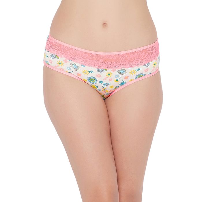 

Clovia Mid Waist Floral Print Hipster Panty in White with Lace Waist - PN3482A16, Orange