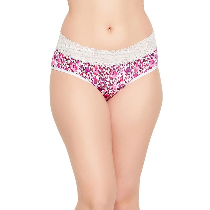 

Clovia Mid Waist Floral Print Hipster Panty in White with Lace Waist - Cotton - PN3278A14, Pink