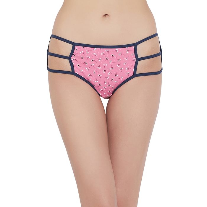 

Clovia Mid Waist Floral Print Hipster Panty with Cage Sides in Pink - Cotton - PN3236U13, Black