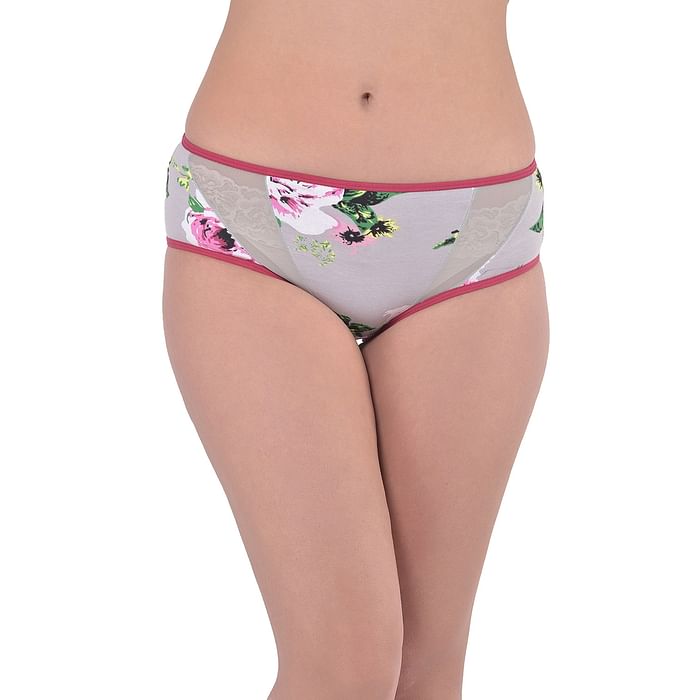 

Clovia Mid Waist Floral Print Hipster Panty with Mesh Inserts in Grey - Cotton - PN2670Q01, Light grey